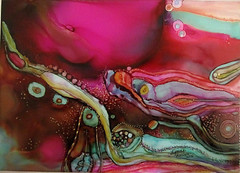 Original Painting 5×7″ abstract pinks green by Lynne Kohler