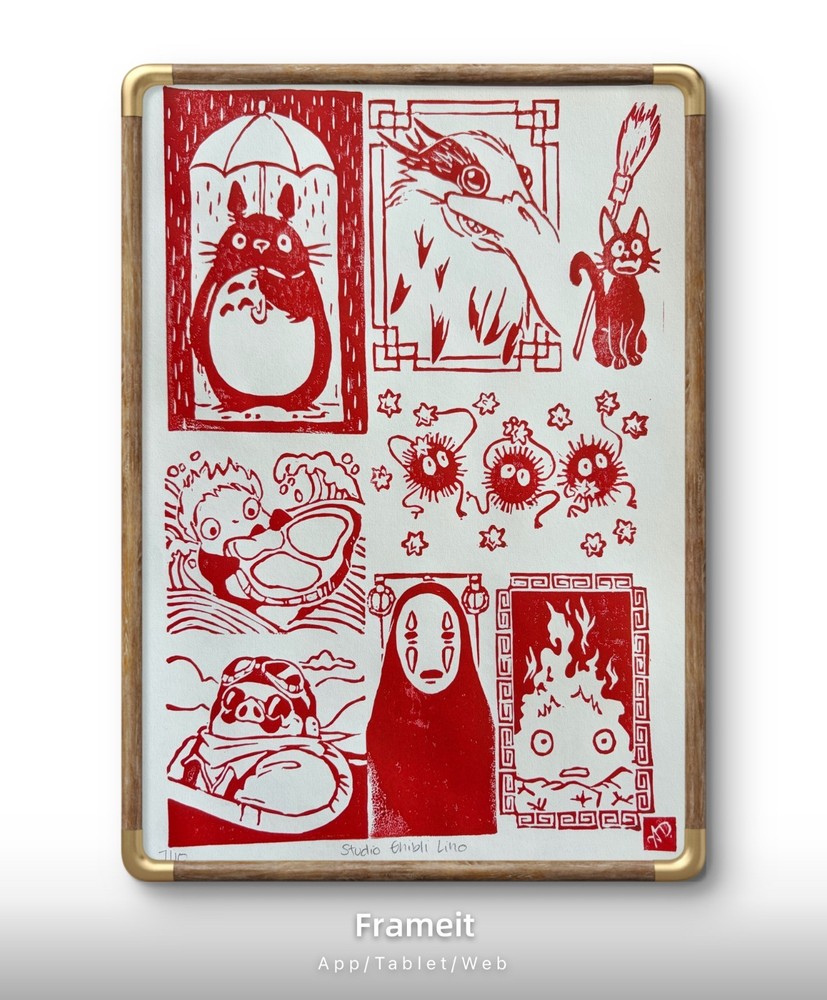 Original Studio Ghibli Linocut 7/10 Print By Alannah Dyer- 9×12 in. Red Printing