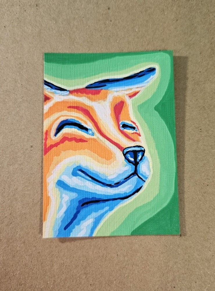 ACEO Cute Fox Head Mini Painting Original Acrylic Markers Artwork Signed Artwork