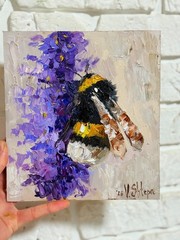 Original Painting Bumblebee Honey Bee Impasto Flower Oil Painting Signed Art