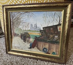 60s Oil Painting Note Dame Sien River Paris Painting Gilt Wood Frame SIGNED. Art