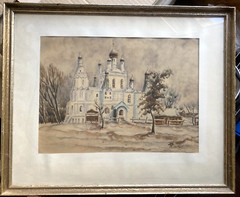 Watercolor Church Russian Winter Unreadable Signed Antique Frame Religion