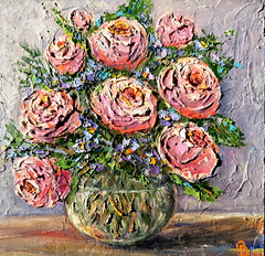 ORIGINAL Painting OIL impasto „ROSES And Violet IN VASE“ 8″x8″ by Olga Diduh