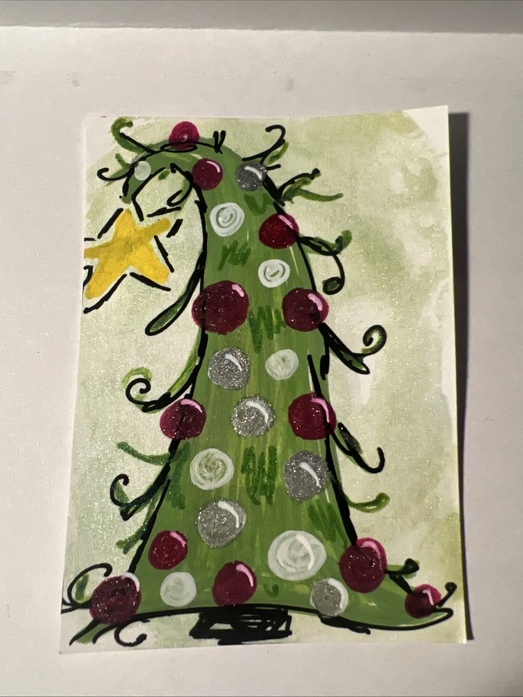 ACEO Hand Painted Signed Christmas Tree Art Card Mixed Media