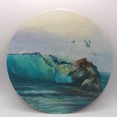 Original oil painting Coastal Breeze Round seascape size 6 inches Unframed