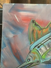 Asher Robinson 24.5×23.75” Folk Art Fish Painting on Thin Board. Beach House Art