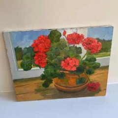 Floral Geraniums Still Life Painting by Martha E. Weber – 20th/21st Century, Oil