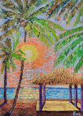 Tropical Sunset Beach Original Painting Palm Tree Ocean Seascape Island Paradise