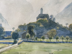 WATERCOLOR DATED 1941 MOUNTAIN LANDSCAPE GIORNICO CHURCH TOWER SWITZERLAND