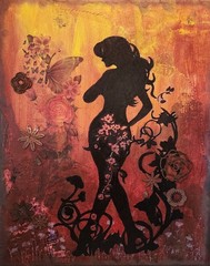 „Garden Goddess“ Contemporary, Mixed Medium, Silhouette, Flowers & Butterfly