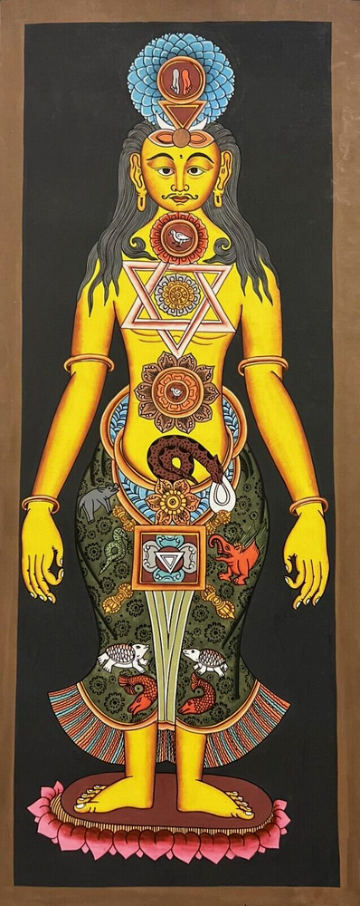 7 YOGIC CHAKRA/MALE BODY KUNDALINI HEALING ORIGINAL TIBETAN THANGKA PAINTING