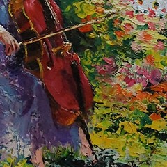YARY DLUHOS Woman Music Peacock Garden Figure Cello Original Art Oil Painting