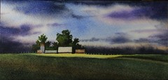 Late Evening Farm Landscape, Original Watercolor, 3.5×8.25, Signed