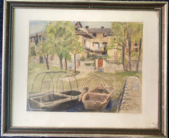 A.K. WERNER Watercolor Layout With Boats Houses In The Background Trees