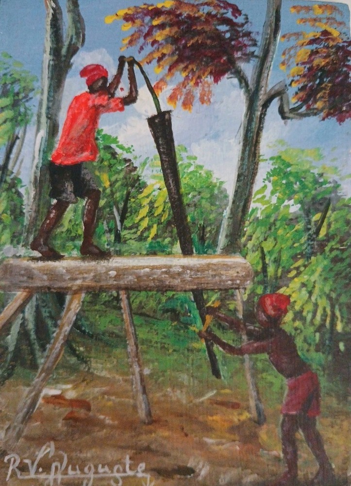 Original Haiti Painting WORKING FARMERS acrylic On Board By Auguste 7″x 5″ NEW