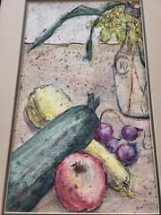 Vtg Watercolor painting still life Fruit Vegetables Floral Signed Acklin