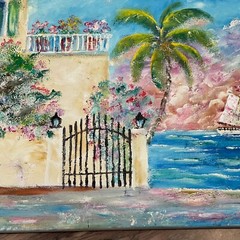 Original Key West 2004 Signed Painting on Canvas, House by the Water, 20″ x 16″