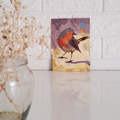 Robin Bird Painting Original Oil Art Semi Abstract Modern Colorful Small Artwork