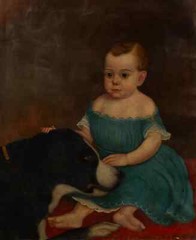 Antique Large 19th Century Portrait Painting of a Child and Dog, c 1830