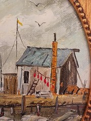 Original Painting Ocean Pier w Boats Fisherman Painted Gold Frame Strandberg Sea