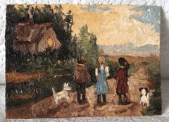 Original ACEO oil painting impressionist children and dogs #W4556