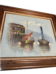 Vintage Original Oil On Canvas Signed Luini Fishing Boats At The Docks Framed