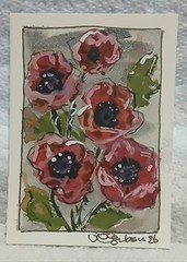 Oriental Poppies Loose Watercolor Scribble ACEO OOAK Silver background