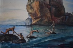 FISHERFOLK FIGURES ON THE BEACH BATHING NAKED A PAIR c185080s WATERCOLOURS UNSIG