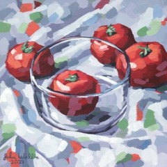 Original Still Life Painting -„Tomato in Glass Bowl“ – 8 x 8 inch by John Wallie