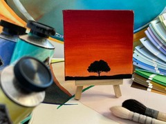 Mini Sunset Painting – 4×4 inches Red and Black Small Art