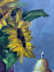STILL LIFE OIL PAINTING PAUL A. ILLEGIBLE SUNFLOWERS FRUITS WINE GLASS 20TH C.