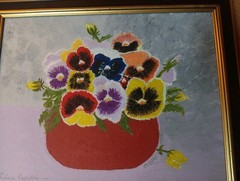 Vintage Painting Folk Art Primitive Pansies Signed Retro Floral Decor Still Life
