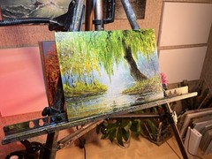 Original Oil Painting Weeping Willow Landscape, Peacefulness River Nature Art