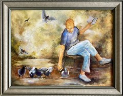 Feeding Pigeons Original Oil Painting on Gessoed Masonite Framed 12×16 by artist