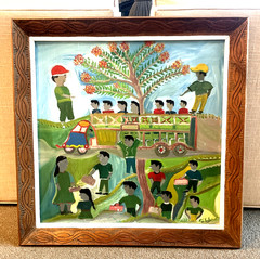 Gerard Paul Original Haitian Folk Art Oil Painting Village Tap Tap Bus 28 x 28
