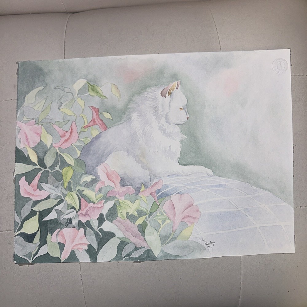 Original Watercolor Painting Cat Portrait Kitty Wall Art Unframed 15”x11” Signed