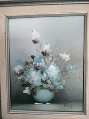Vintage Floral Oil Paintings Set of 2 Signed Roxy Framed Blue White Cottage Art