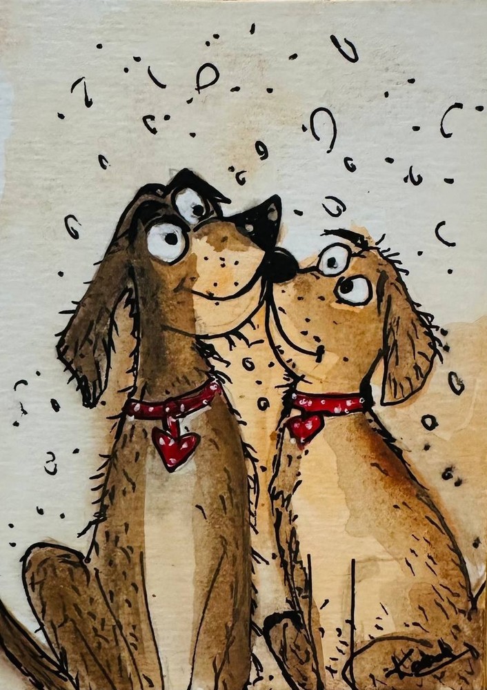 Cute Dog Couple Heart Glasses ACEO Original Watercolor Painting Folk Art OOAK