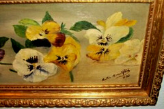 Victorian Yard Long Oil Painting Pansies 1892 Signed Germany Gilt Wood Frame