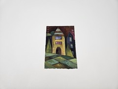 Vtd Oil On Heavy Paper Abstract Painting Artist Signed And Dated Houses On Hill