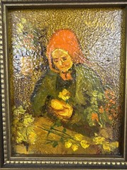 Ruth Vamos Oil Painting Old Woman With Flowers 5×4 Inches