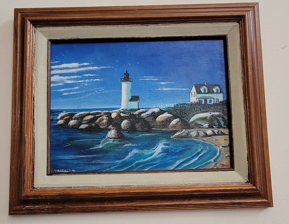 Vintage Original Acrylic On Wood Board Lighthouse/ Seascape Painting 17×14