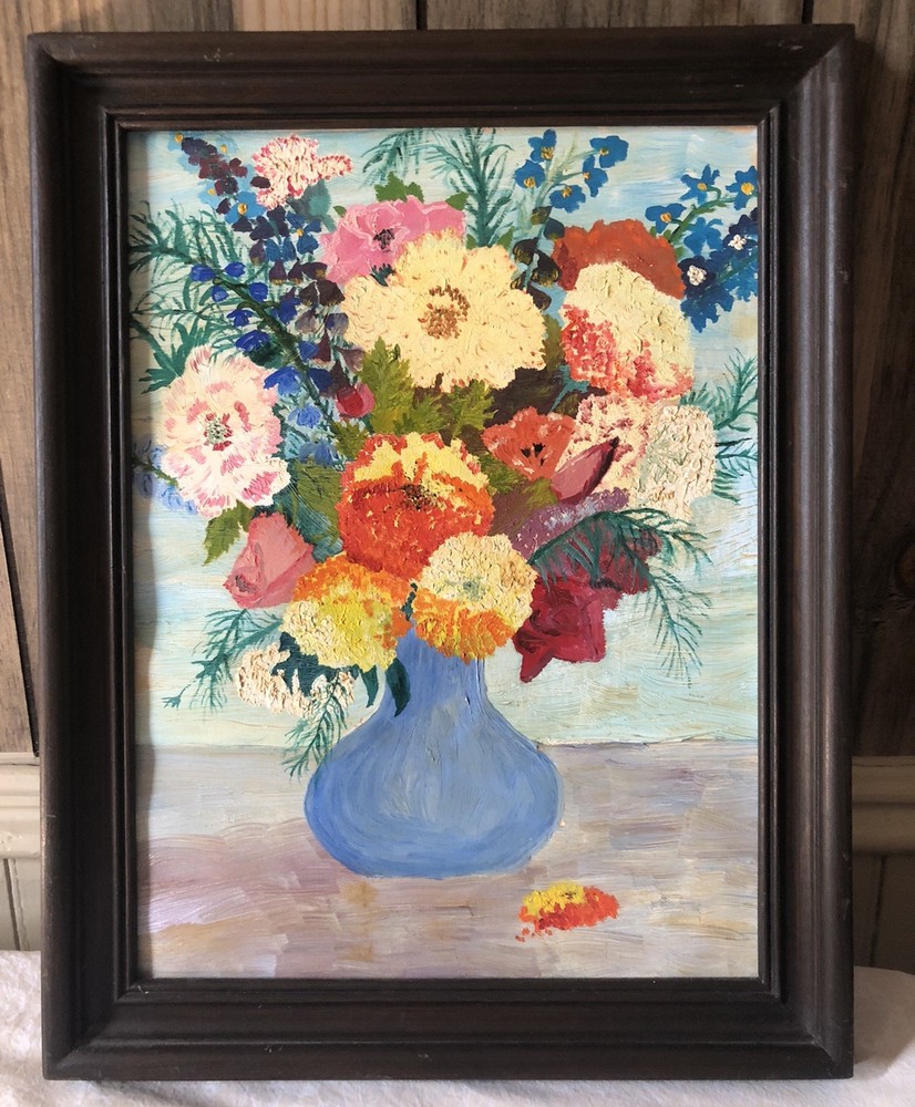 Vintage Hand Painted Acrylic Painting Colorful Flowers In Vase 15×19” Wood Frame