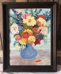 Vintage Hand Painted Acrylic Painting Colorful Flowers In Vase 15×19” Wood Frame