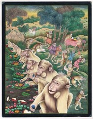 Indian Miniature Painting Of Monkey (ape) Market Art On Paper 10.5×13.5 Inches