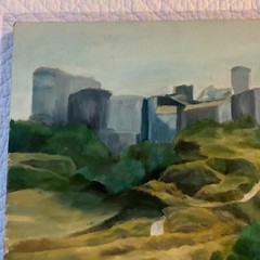 Modernist landscape castle original painting abstract by Kirk greens gray