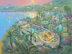 Original Painting Michael Young Art Deco Umbrella Island Fountain Sail Boat Palm
