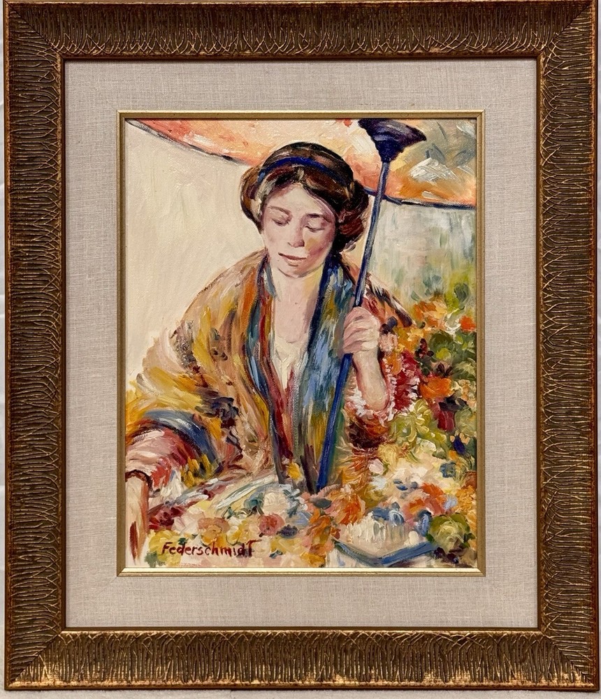 Original Oil Painting – Woman Floral Art – Framed Matted & Signed Federschmidt