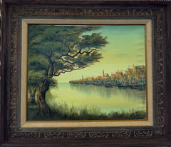 Vintage Original Coastal Landscape Oil Painting in Ornate Frame Harbor