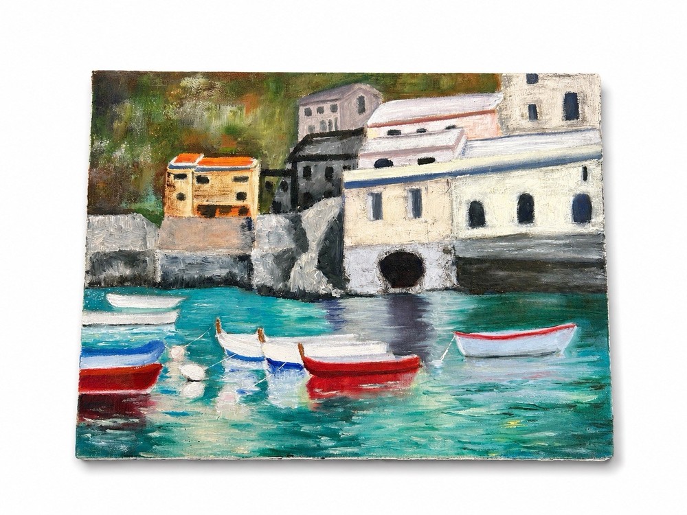 Vintage Harbor Oil Painting Mediterranean Coast Seaside Village Wall Art 16×20